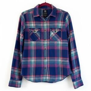 American Eagle Favorite Fit Plaid Flannel Shirt Blue Pink Casual Fall Top Medium